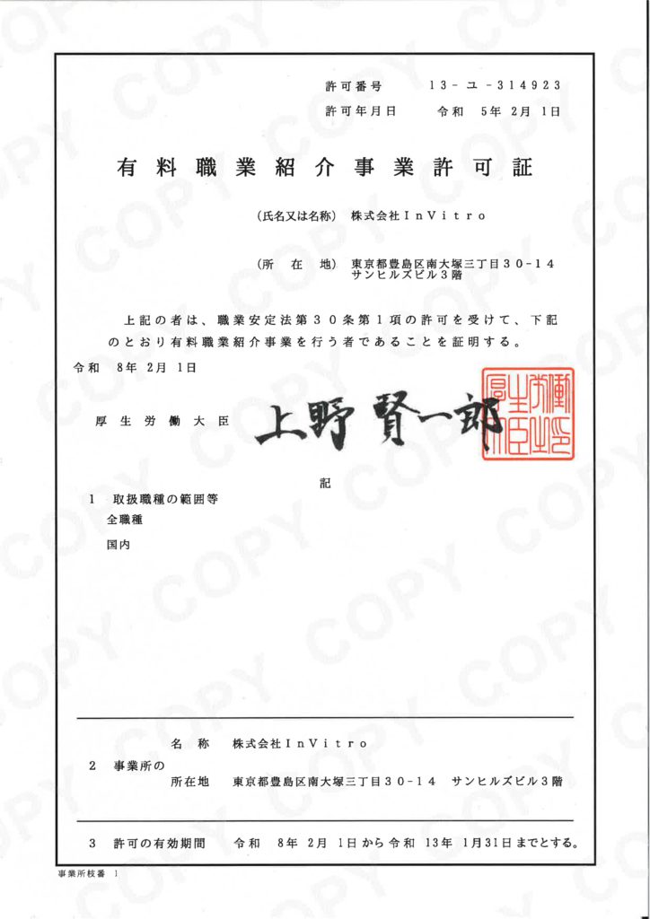 有料職業紹介業許可証-株式会社InVitro-更新-令和8年2月1日